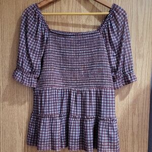 Maurice's Brown and Grayish Blue Plaid Smocked Women's Top. Large